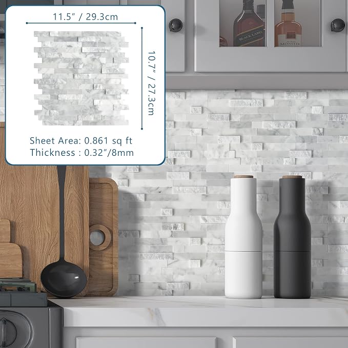 SUNWINGS 5-Sheet Peel and Stick Mosaic Natural 3D Stone Self Adhesive Marble Tiles, 11.5" x 10.7" Stick on Backsplash for Kitchen Bathroom Fireplace Vanity, Mixed Gray