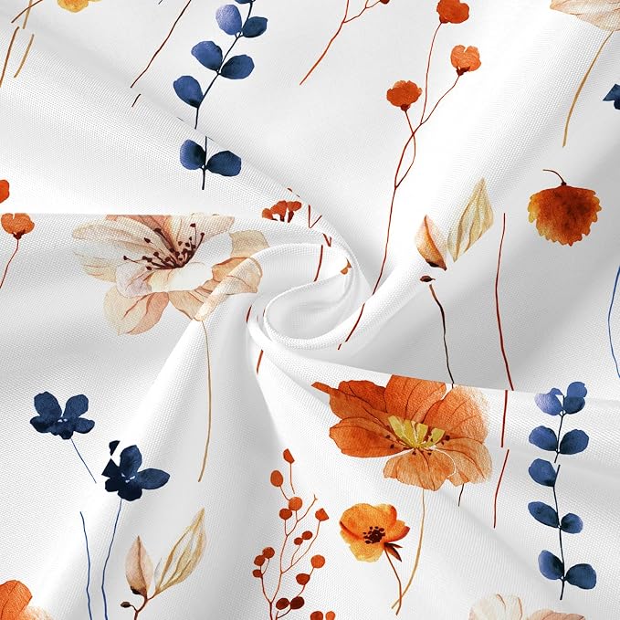 Extra Long 3 in 1 Shower Curtain Set, Orange Navy Watercolor Floral Bath Curtain and PEVA Liner Set with 12 Double Sided Steel Hooks, Waterproof Fabric Bathroom Curtain 72x84