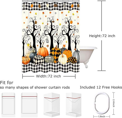 Halloween Shower Curtain Set Pumpkin Tree Leaves Buffalo Plaid Shower Curtains Waterproof Fabric Bath Curtains with 12 Hooks for Fall Halloween Bathroom Decor, 72 x 72 Inches