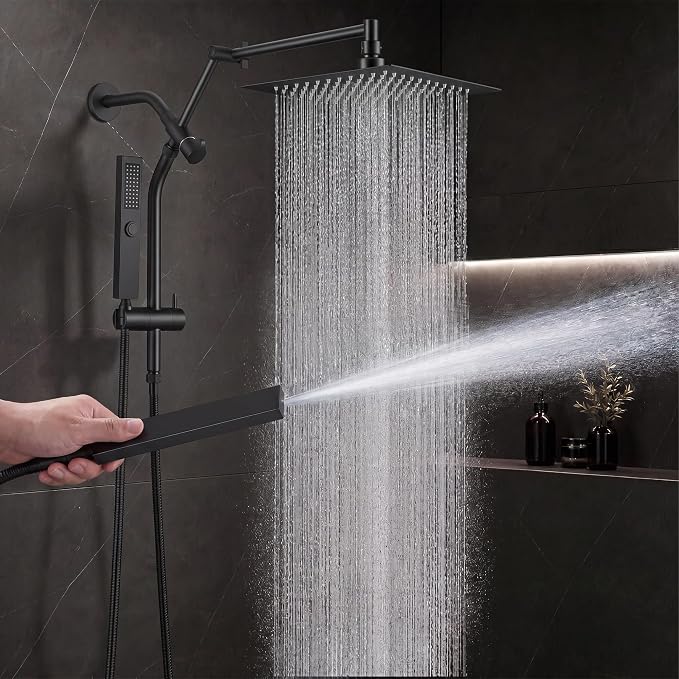 All Metal 10" Shower Head with Handheld, Built-in Power Jet Mode | Luxurious, Square, Rain Shower Heads with Spray Combo Set, High Pressure, Dual, Rainfall, with Extension Arm, Matte Black