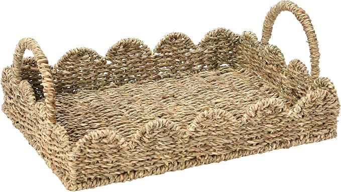Household Essentials Seagrass Decorative Tray with Scalloped Edge, Handwoven Natural Wicker Organizer Basket with Handles & Iron Frame for Coffee Tables, Bathrooms & Countertops (Pack of 8)