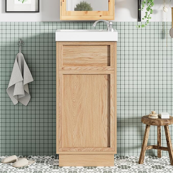 Merax Modern Rustic 15.75'' Bathroom Vanity with Resin Sink, Solid Wood Bathroom Storage Cabinet with Adjustable Shelf & Push-to-Open Door for Small Spaces, Natural