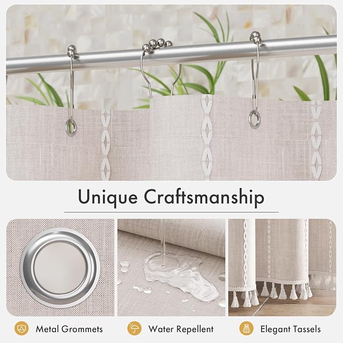 Bathway Farmhouse Shower Curtain Boho with Tassels, Linen Blend Heavy Duty Shower Curtain Set with 12 Metal Hooks, Vintage Luxury Rustic Elegant Fabric Curtain for Bathroom Window, 72x72 Inches, Beige