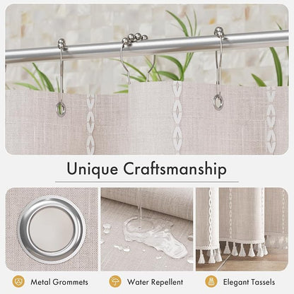 Bathway Farmhouse Shower Curtain Boho with Tassels, Linen Blend Heavy Duty Shower Curtain Set with 12 Metal Hooks, Vintage Luxury Rustic Elegant Fabric Curtain for Bathroom Window, 72x72 Inches, Beige