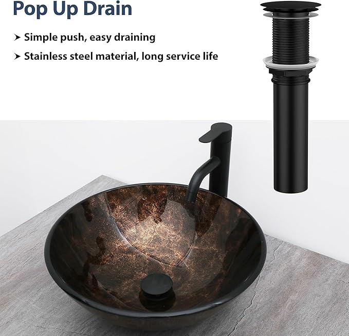 Logmey 16" Glass Bathroom Vessel Sink Vanity Countertop Round Bowl with Black Faucet and Chrome Pop up Drain Set,Glass Art Basin,Dark Bronze