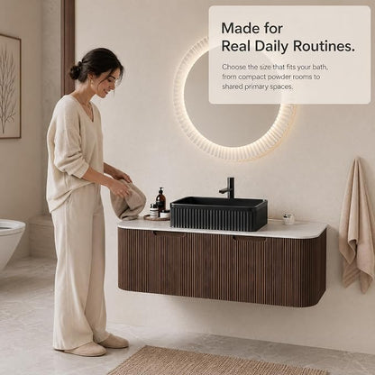 48 Inch Bathroom Vanity with Sink, Floating Wall Mounted Single Sink Vanity, Dark Walnut Curved Fluted Front, Stone Top, Black Textured Rectangular Vessel Basin, Pre-Assembled