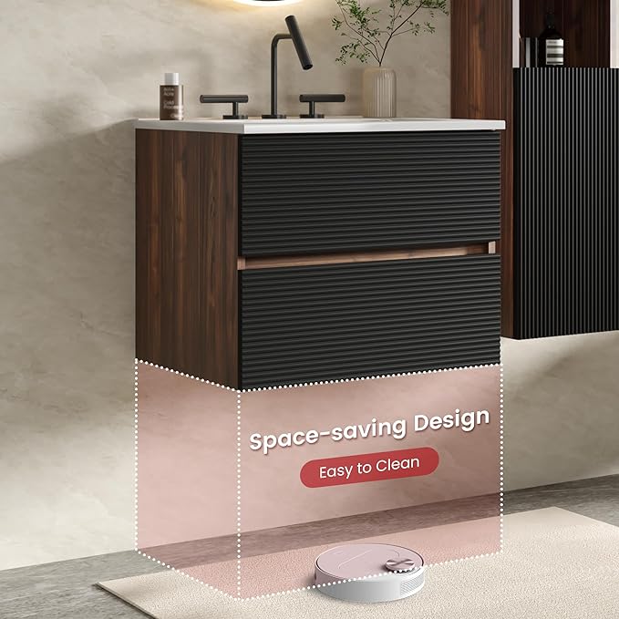 24" Floating Bathroom Vanity with Sink, Modern Wall Mounted Floating Vanity with Ceramic Sink, Double Soft-Close Drawers for Small Space, Apartment, Walnut+Black