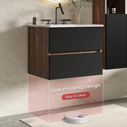 24" Floating Bathroom Vanity with Sink, Modern Wall Mounted Floating Vanity with Ceramic Sink, Double Soft-Close Drawers for Small Space, Apartment, Walnut+Black