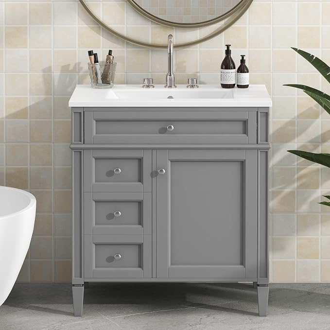 Merax 30 inch Bathroom Vanity with Ceramic Sink, Solid Wood Frame Modern Bathroom Sink Storage Cabinet with 2 Drawers and a Tip-Out Drawer, Single Sink Bathroom Vanities, Grey