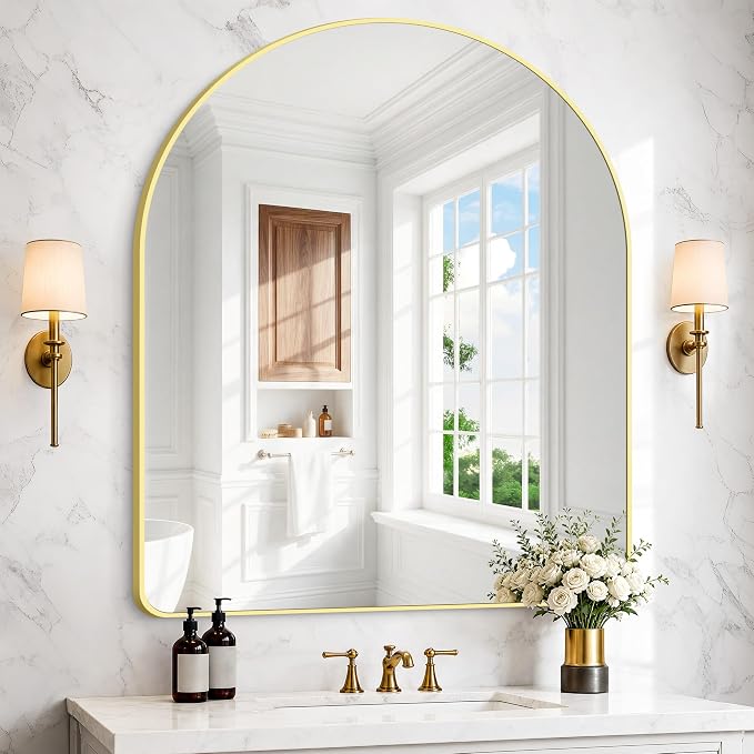 BONEWEI Arched Wall Mirror,36x40 inch Gold Arched Mirror Bathroom,Vanity Mirror for Over Sink Metal Frame,Tempered Glass Arch Mirrors for Bedroom,Entryway,Living Room,Home Decor Shatter-Proof