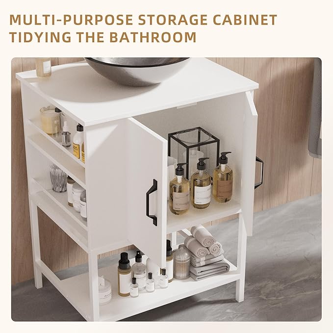 VNN Small Bathroom Vanity with Sink - 24 Inch Vanity with Sink, Freestanding Cabinet with Open Shelf, Modern Iron Wood Bathroom Cabinet with Countertop Tempered Glass Vessel, White