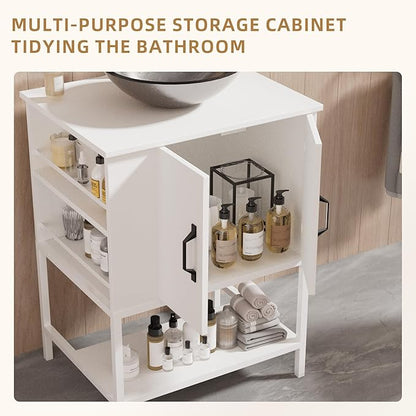 VNN Small Bathroom Vanity with Sink - 24 Inch Vanity with Sink, Freestanding Cabinet with Open Shelf, Modern Iron Wood Bathroom Cabinet with Countertop Tempered Glass Vessel, White