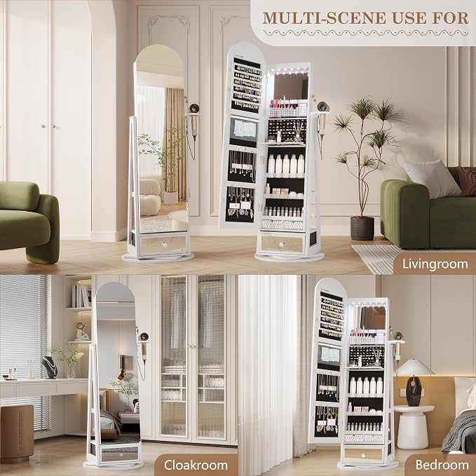 LVSOMT 64" H Arched LED Mirror Jewelry Cabinet Standing, White | 360° Swivel Full-Length Mirror with Storage, Lockable Jewelry Organizer with Inner Makeup Shelf, Gift for Women
