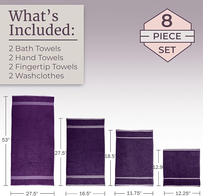 Lavish Home Rio 100% Cotton Towel Set - Eggplant, Medium, 8 Piece | Includes 2 Bath Sheets, 2 Hand Towels, 2 Wash Cloths, 2 Fingertip Sheets, Soft 575 GSM Cotton Set for Shower, Gym, Dorm, Spa