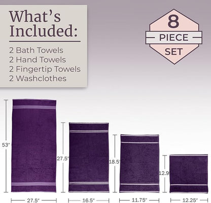Lavish Home Rio 100% Cotton Towel Set - Eggplant, Medium, 8 Piece | Includes 2 Bath Sheets, 2 Hand Towels, 2 Wash Cloths, 2 Fingertip Sheets, Soft 575 GSM Cotton Set for Shower, Gym, Dorm, Spa