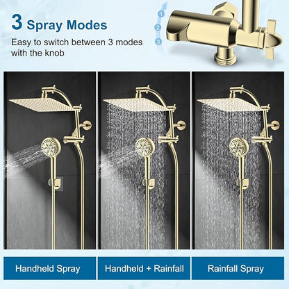 Hibbent Metal 10" High Pressure Rain Shower Head Combo, Polished Brass | cUPC Certified Rainfall Shower Head with handheld 10 Sprays, 16'' Adjustable Extension Arm, 71'' Hose, Showerhead Holder
