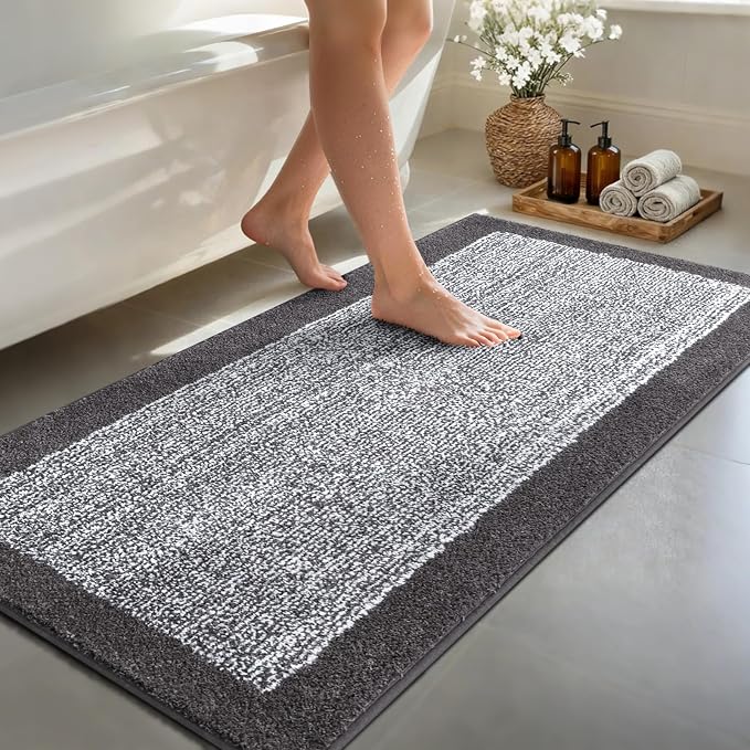 Long 2x4 Ft (48''x24'') Bathroom Rugs Bath Mat, Non Slip Washable Large Bath Mats for Bathroom, Soft Absorbent Quick Dry Bath Rugs Kitchen Runner Rug for Shower, Hallway, Laundry, Tub(Grey)