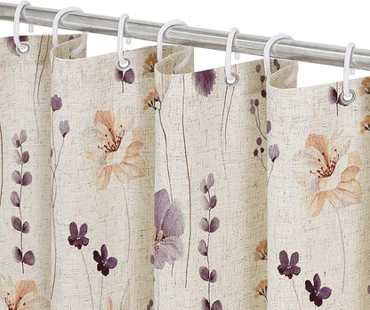 Plum Linen Watercolor Floral Fabric Shower Curtain, 72x72 | Linen Fabric, Modern Minimalist Floral Print, Machine Washable, Rustproof Grommets, for Bathroom Home