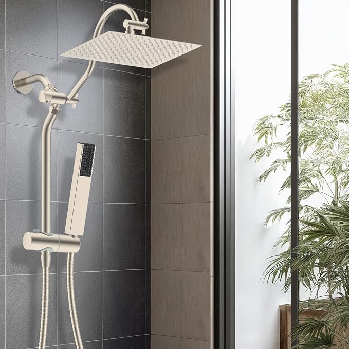 Hibbent 12'' Rainfall Showerhead with 4-mode Handheld Spray, Brushed Nickel | cUPC Certified High Pressure Showerhead Combo, 12'' Adjustable Extension Arm, Extension Bar, Easy Reach Holder, 71'' Hose
