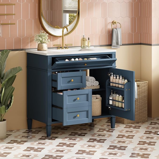 Merax 36 Inch Bathroom Vanity with Top Sink, Modern Bathroom Storage Cabinet with 2 Drawers and a Tip-Out Drawer, Solid Wood Frame Single Sink Bath Vanities, Indigo Blue