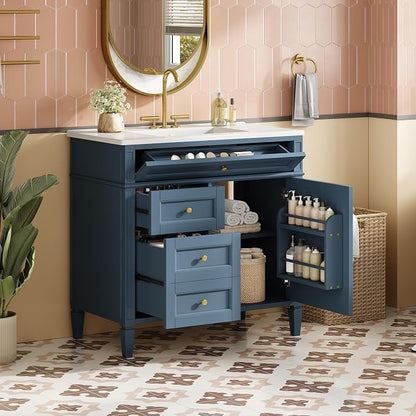 Merax 36 Inch Bathroom Vanity with Top Sink, Modern Bathroom Storage Cabinet with 2 Drawers and a Tip-Out Drawer, Solid Wood Frame Single Sink Bath Vanities, Indigo Blue