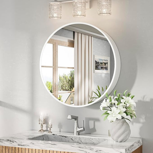 Keonjinn 20 Inch Round Medicine Cabinet with Mirror, White Surface Mount Only Mirror Medicine Cabinet, Modern Medicine Cabinets with Mirror, Metal Framed Bathroom Vanity Mirror with Storage
