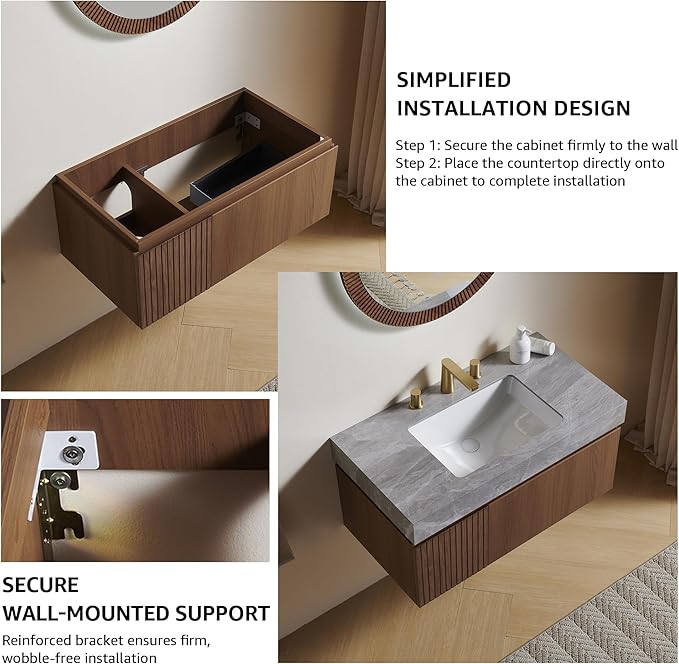 30” Floating Bathroom Vanity with Sink, Wall-Mounted Cabinet with Drawer & Doors, Gray Travertine-Pattern Sintered Stone Top, Undermount Basin, 3 Faucet Hole, Soft-Close, Pre-Assembled, Brown Oak