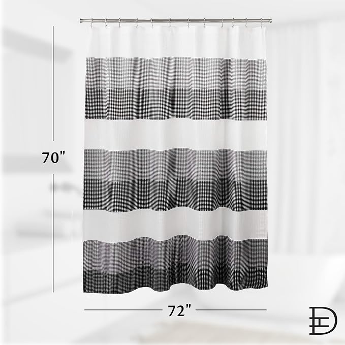 Dainty Home Waffle Weave Waterproof Shower Curtains, Black 70" x 72", Bath Curtains, Shower Curtain Waterproof Fabric with 12 Roller Ball Hooks
