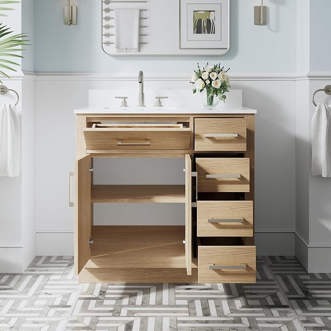 36-Inch Bathroom Vanity with Sink W/ 2 Doors & 4 Drawers & 1 Flip Drawer, Oak Vanity W/Brushed Nickel Handles