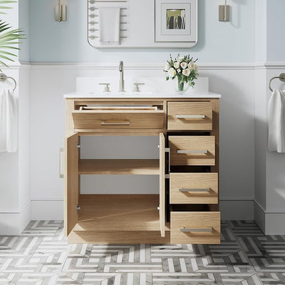 36-Inch Bathroom Vanity with Sink W/ 2 Doors & 4 Drawers & 1 Flip Drawer, Oak Vanity W/Brushed Nickel Handles