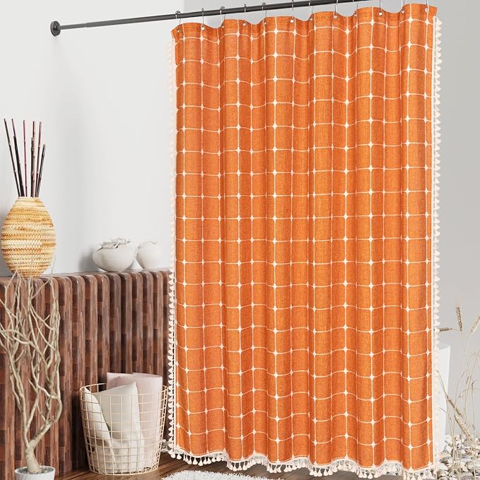 MitoVilla Boho Small Stall Shower Curtain 36 x 72, Orange Narrow Polyester Linen Fabric Shower Curtains for Farmhouse Bathroom Decor, Half Size Cloth Shower Curtain Set with Hooks