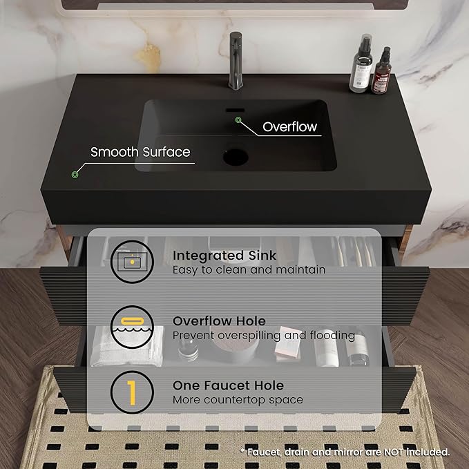 36 Inch Bathroom Vanity with Black Sink, Floating Bathroom Cabinet with 2 Soft-Closing Drawers, Large Storage for Powder Room, Apartment, Hotel, Walnut+Black, Fir Collection
