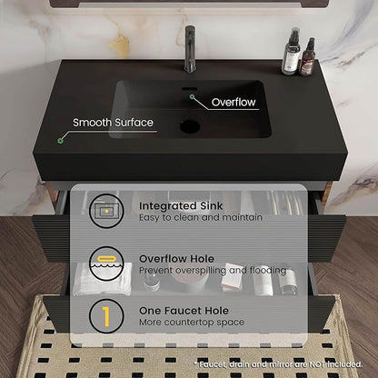 36 Inch Bathroom Vanity with Black Sink, Floating Bathroom Cabinet with 2 Soft-Closing Drawers, Large Storage for Powder Room, Apartment, Hotel, Walnut+Black, Fir Collection