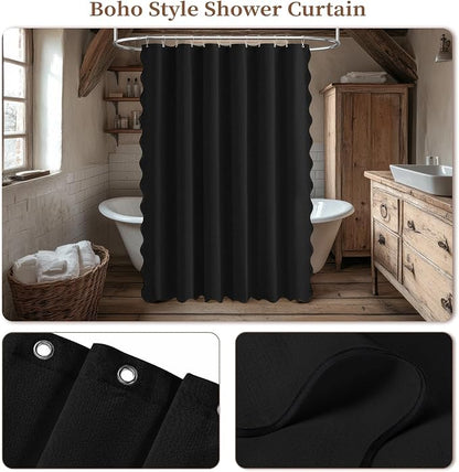 BTTN Black Scalloped Shower Curtain, Linen Textured Heavy Duty Fabric Shower Curtain Set with 12 Plastic Hooks, Modern Rustic Boho Farmhouse Waterproof Cloth Shower Curtains for Bathroom, 72x72