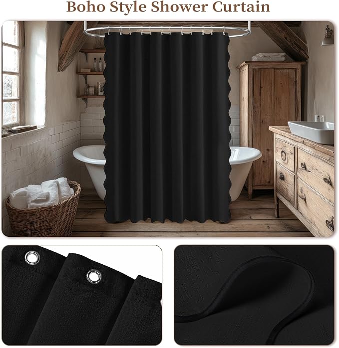 BTTN 72x80 Boho Scalloped Linen Textured Cloth Shower Curtain Set, Black | Long Size, 230GSM Waterproof Polyester, Heavy Duty Fabric, 12 Plastic Hooks, Elegant Modern Farmhouse Style, Machine Washable
