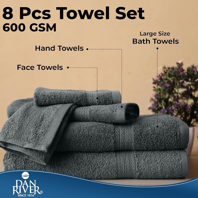 DAN RIVER 8 Piece Luxury Bath Towels for Bathroom, Towel Set, Gray | 2 Bath towels, 2 Hand towels, and 4 Wash Cloths, 600 GSM 100% Ring Spun Cotton, Highly Absorbent, Gym, Hotel, guest, and Spa