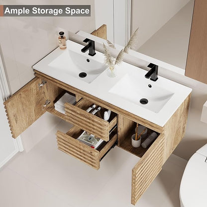 LUCKWIND 48" Floating Bathroom Vanity with Sink, Mid-Century Wall Mounted Big Drawer Cabinet with Sink, Water Saving Faucet and Wood Stripes Style, Oak