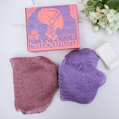 Authentic African Net Sponge,2 Pack 45-In Exfoliating Bath Sponge and Shower Loofah for Body and Back,Colorfast Quick-Dry Knotted Mesh Scrubber with Travel Pouch (Blush Pink&Lavender Purple)