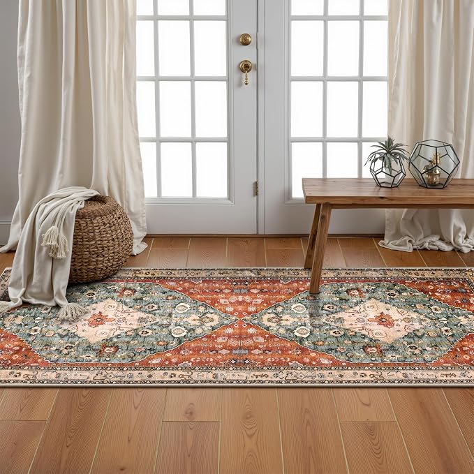Lahome Boho Tribal 2x5 Kitchen Runner Rugs Non Skid Washable, Soft Runners for Hallways, Oriental Long Bathroom Floor Throw Carpet Runner for Entryway Laundry Room Bedroom (Rust/Dull Teal,2x5ft)
