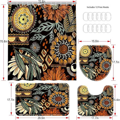 16 Pcs Shower Curtain Set with Rugs Boho and Metal Hooks Bath Mat 120gsm Heavy Weight Fabric Shower Curtains Bathroom Sets Decor Non-Slip Bathroom Rug and Bath Curtain Set 72 x 72 Inch,H-Boho