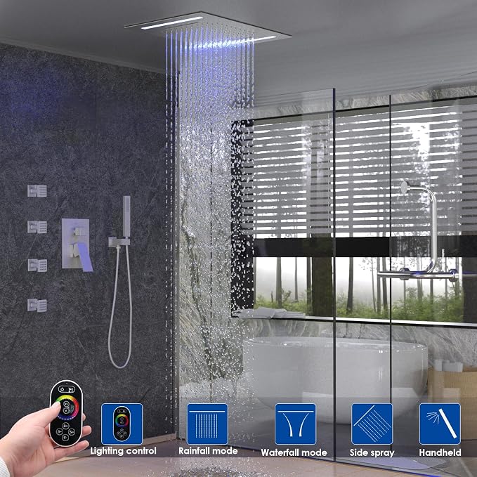 ENGA Shower System with Body Jets, 2 In 1 Functions Ceiling Mount 14x20inch LED Shower Head with 4 Body Jets, Rainfall Waterfall Shower Faucet Set, Brushed Nickel