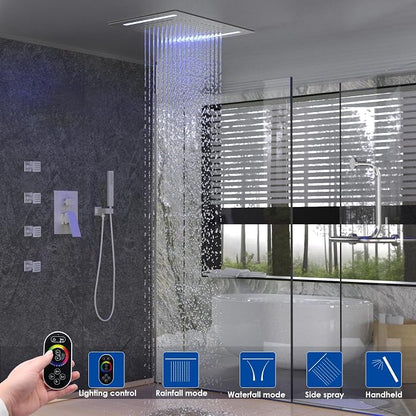 ENGA Shower System with Body Jets, 2 In 1 Functions Ceiling Mount 14x20inch LED Shower Head with 4 Body Jets, Rainfall Waterfall Shower Faucet Set, Brushed Nickel