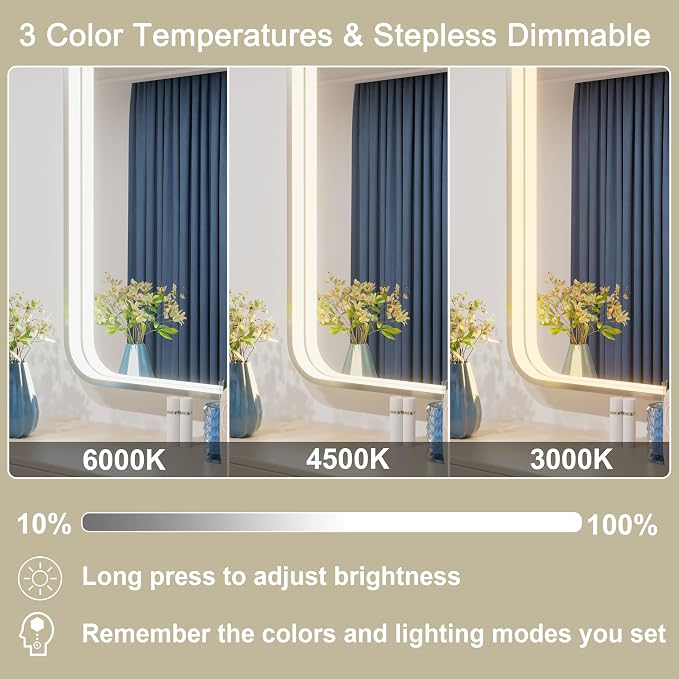 24"x32" Silver LED Bathroom Mirror,Adjust 3000K/4500K/6000K Light | Stepless Dimmable, Anti-Fog, Memory Funtion, Aluminum Frame Wall Mount Lighted Vanity Mirror, ETL Cert‌, Horizontal/Vertical