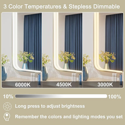 24"x32" Silver LED Bathroom Mirror,Adjust 3000K/4500K/6000K Light | Stepless Dimmable, Anti-Fog, Memory Funtion, Aluminum Frame Wall Mount Lighted Vanity Mirror, ETL Cert‌, Horizontal/Vertical