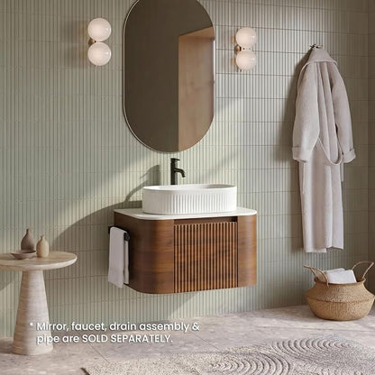 24" Preassembled Floating Bathroom Vanity with White Sink, Walnut | Mid-Century Modern Style, Fluted & Soft-Close Drawer with U-shaped Wall, Sinterted Stone Countertop, Towel Rack Included