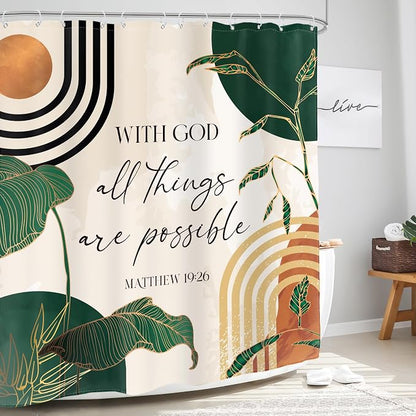 Green Boho Bible Shower Curtain Christian Scripture Bathroom Curtain Set | Verse Inspirational Quotes Abstract Tropical Palm Mid Century 60Wx72L Bathroom Decor Waterproof Fabric with Free Hooks