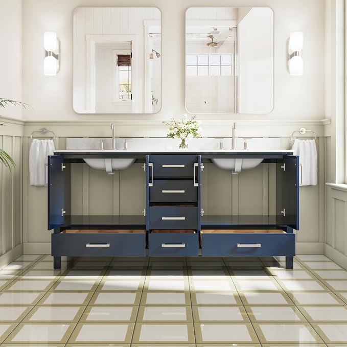 72-Inch Bathroom Vanity with Sink, 4 Soft-Close Doors and 6 Soft-Close Drawers, Bathroom Freestanding Vanity with Cultured Marble Countertop, Navy Blue Vanity with Brushed Nickel Handles