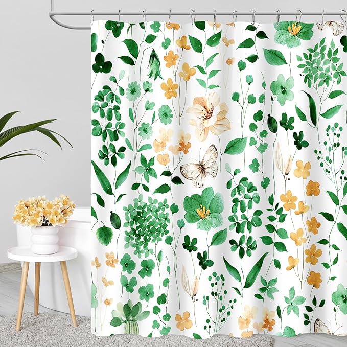 Emerald Green Floral Shower Curtain, Cute Flower Fabric Shower Curtains for Bathroom, Watercolor Wildflower Butterfly Cloth Shower Curtain Set with Hooks, 72x72