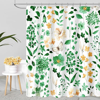 Emerald Green Floral Shower Curtain, Cute Flower Fabric Shower Curtains for Bathroom, Watercolor Wildflower Butterfly Cloth Shower Curtain Set with Hooks, 72x72