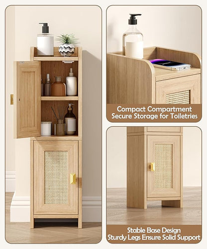Rattan Small Bathroom Cabinet with 2 Doors, 7.9''D x 7.9''W Narrow Toilet Paper Storage Cabinet, Bathroom Organizer for Small Spaces, Wooden Slim Corner Unit with Adjustable Shelf, Natural Oak
